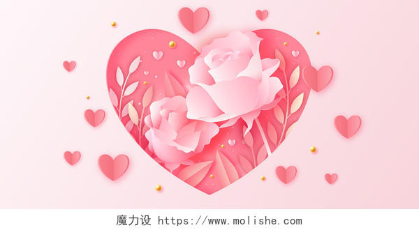 520浪漫情人节粉色玫瑰花折纸爱心彩带背景